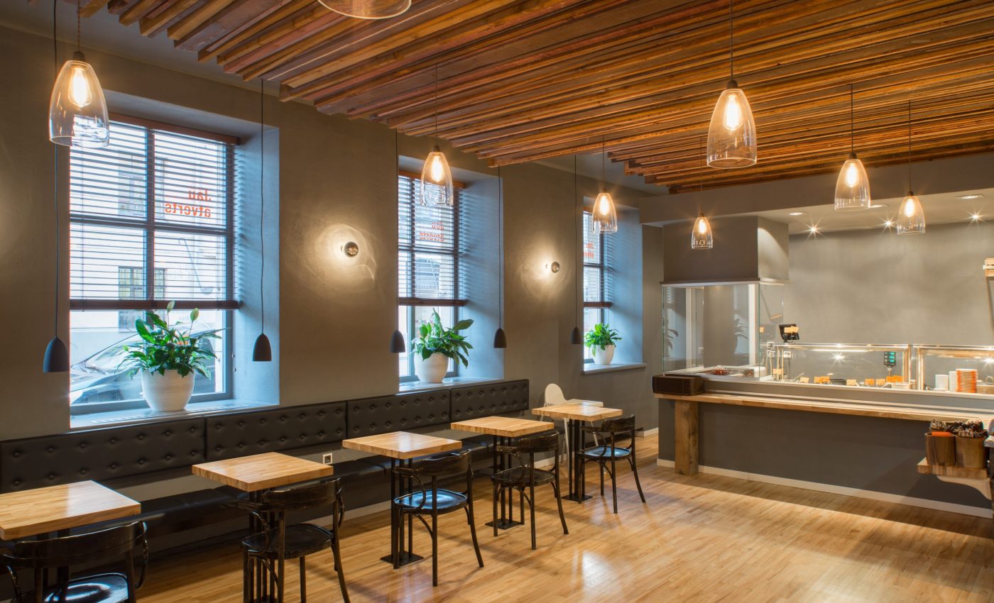 Interior of restaurant. Wooden design.