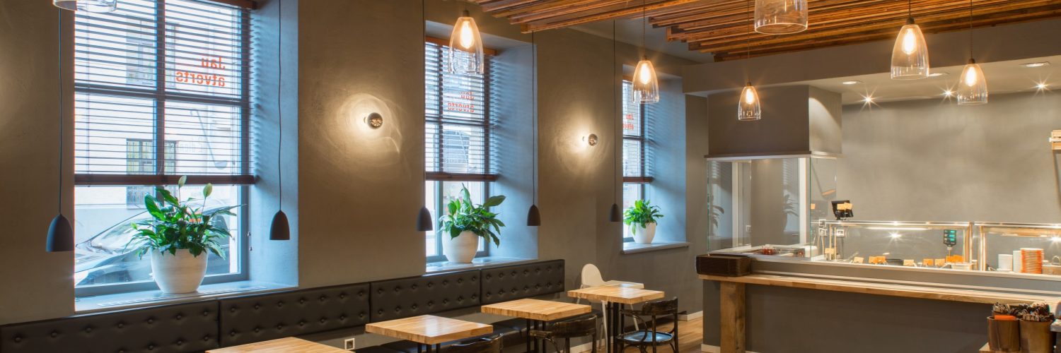 Interior of restaurant. Wooden design.