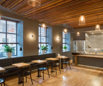 Interior of restaurant. Wooden design.