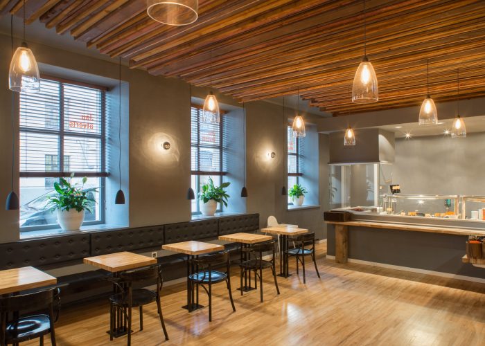 Interior of restaurant. Wooden design.